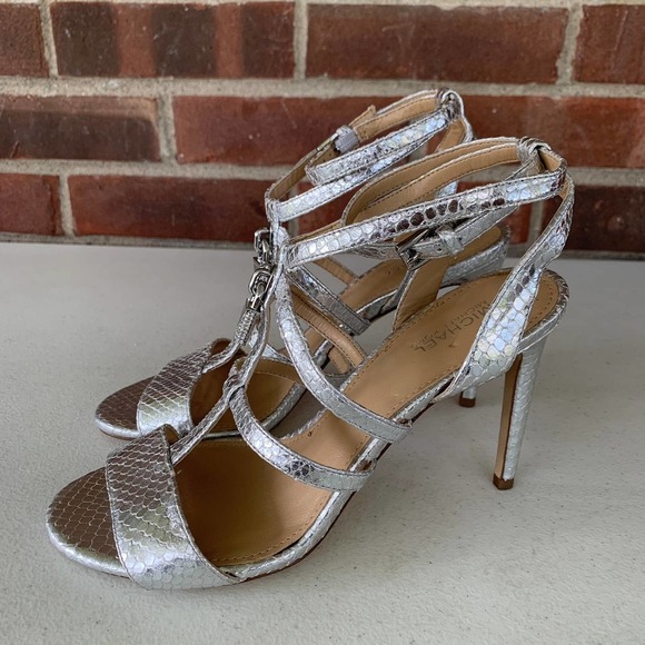 MICHAEL Michael Kors Silver Snake Open Toe Strappy Heeled Sandals Women's US 6M - Picture 4 of 7